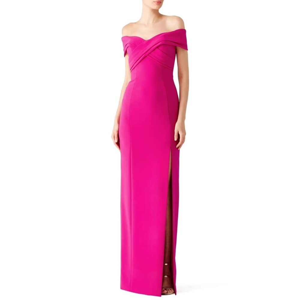 Theia Pink Asymmetrical Off-Shoulder Gown